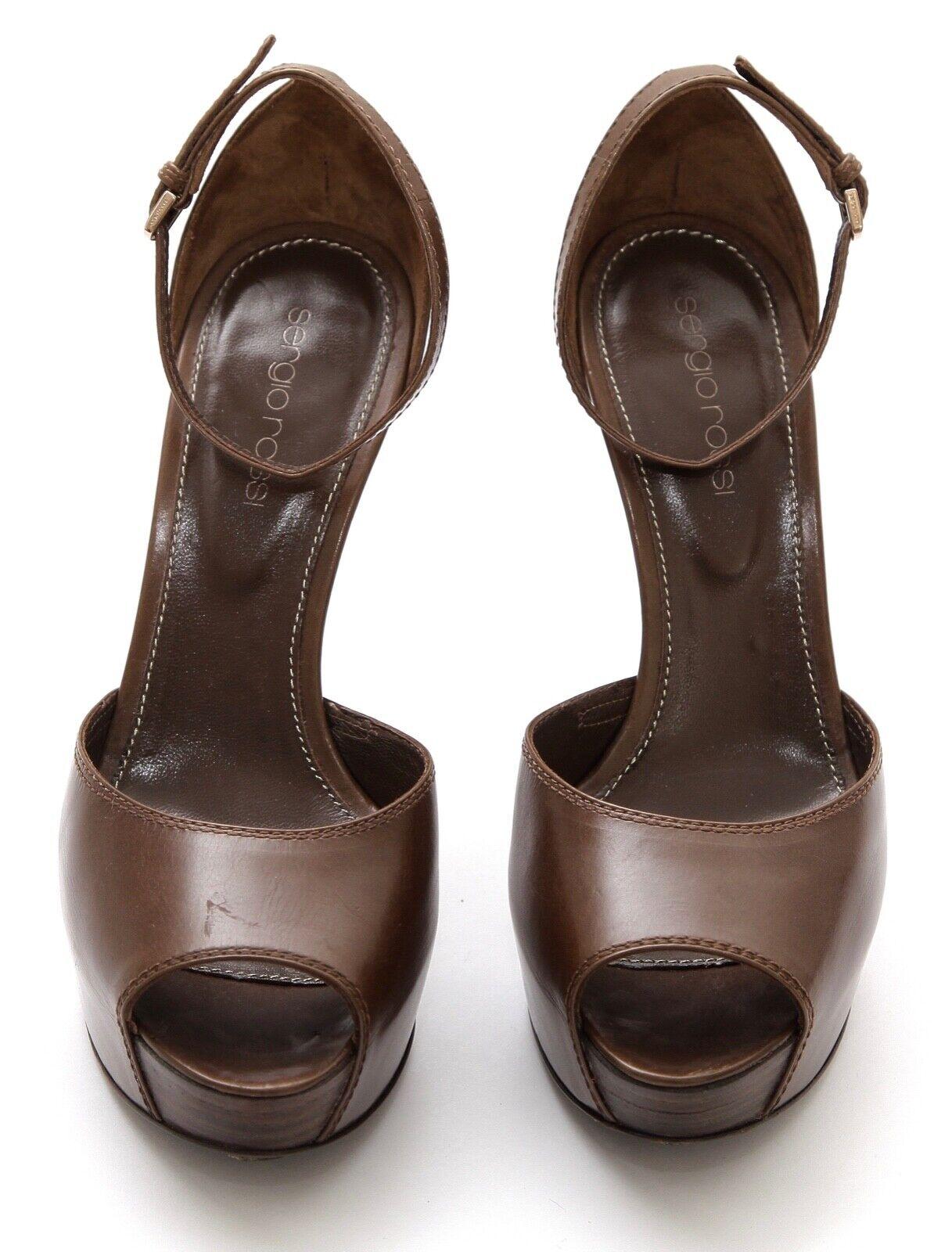 Women's SERGIO ROSSI Leather Platform Pump Sandal Brown Peep Toe Ankle Strap Sz 36.5 For Sale