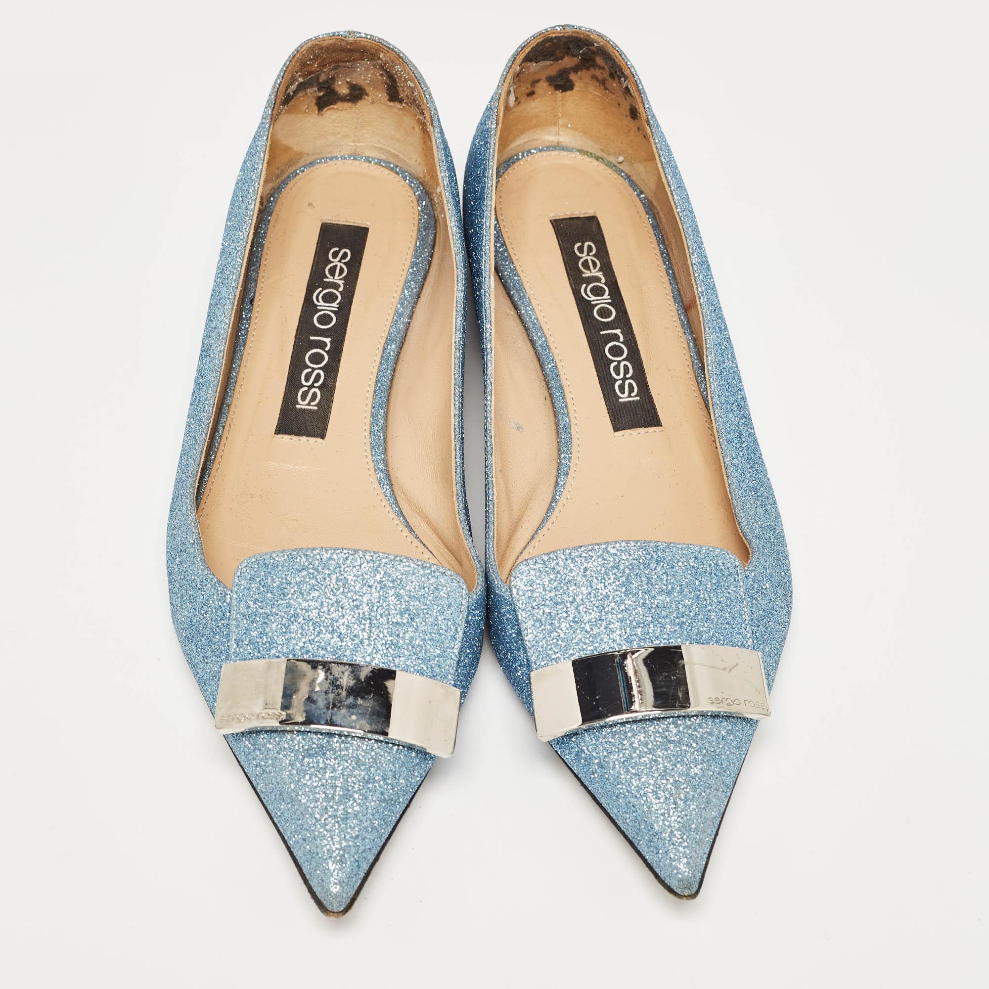 Gray Sergio Rossi Light Blue Glitter Ballet Flats Size 39.5 For Sale