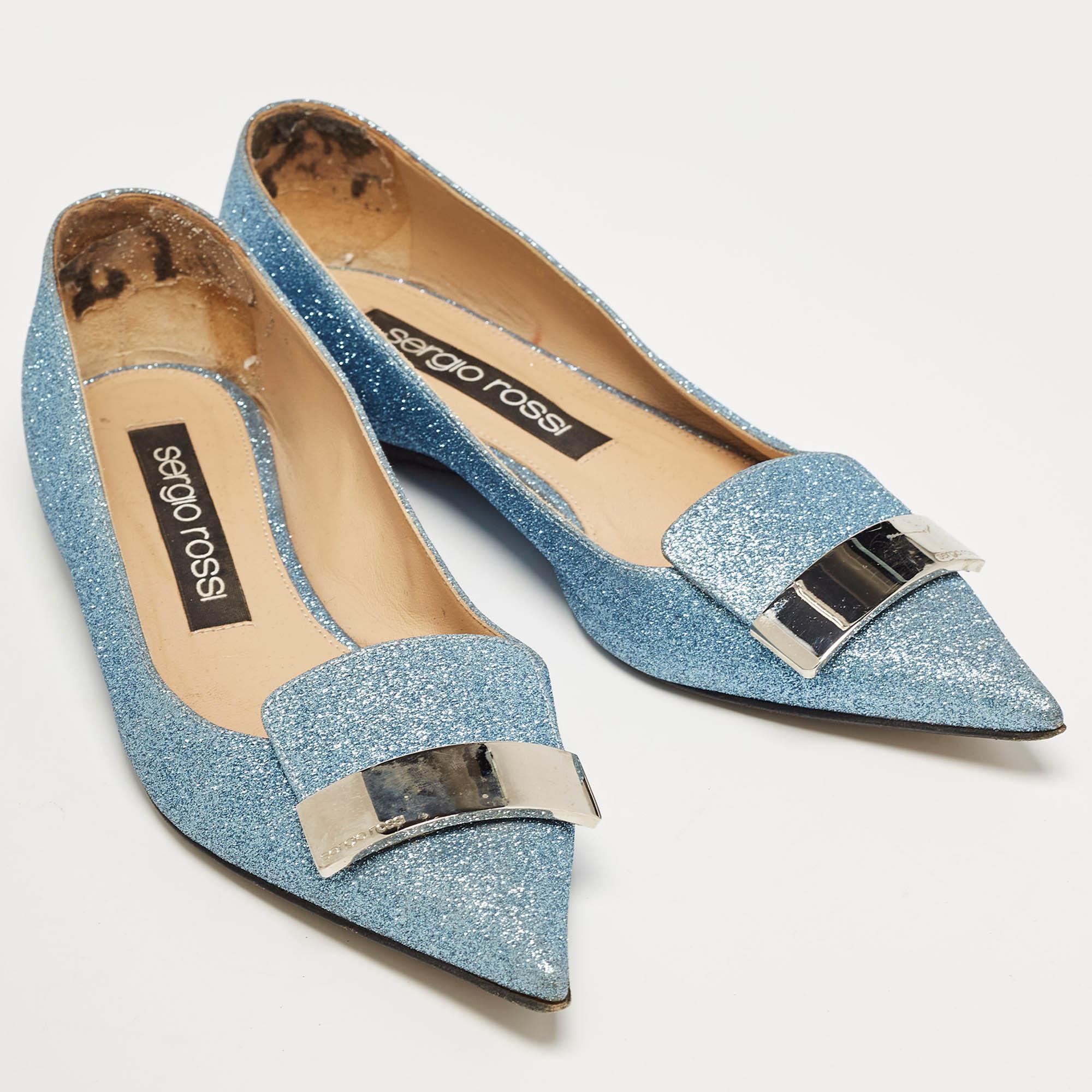 Sergio Rossi Light Blue Glitter Ballet Flats Size 39.5 In Good Condition For Sale In Dubai, Al Qouz 2
