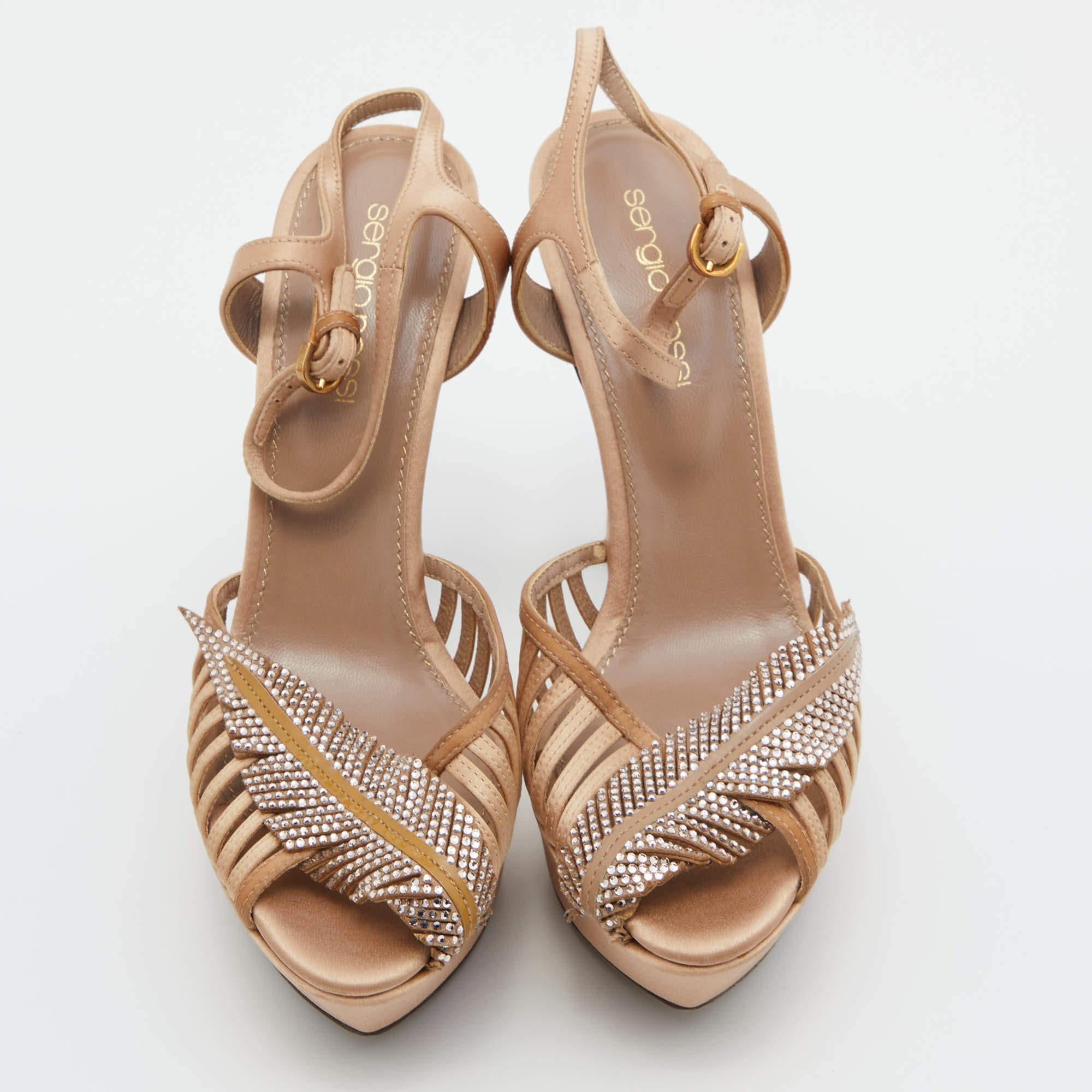 Beige Sergio Rossi Light Brown Satin Crystal Embellished Ankle Strap Sandals Size 35.5 For Sale