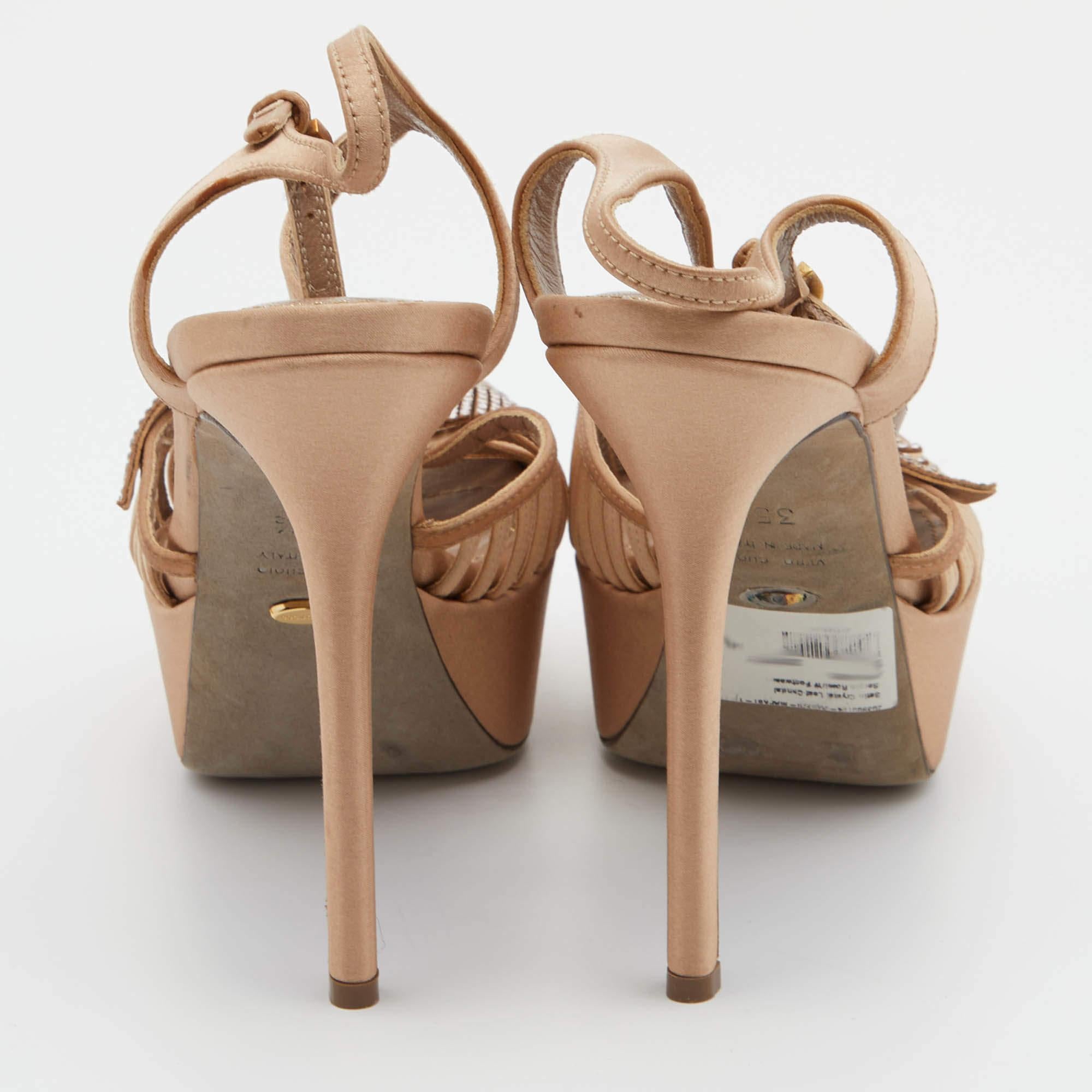 Women's Sergio Rossi Light Brown Satin Crystal Embellished Ankle Strap Sandals Size 35.5 For Sale