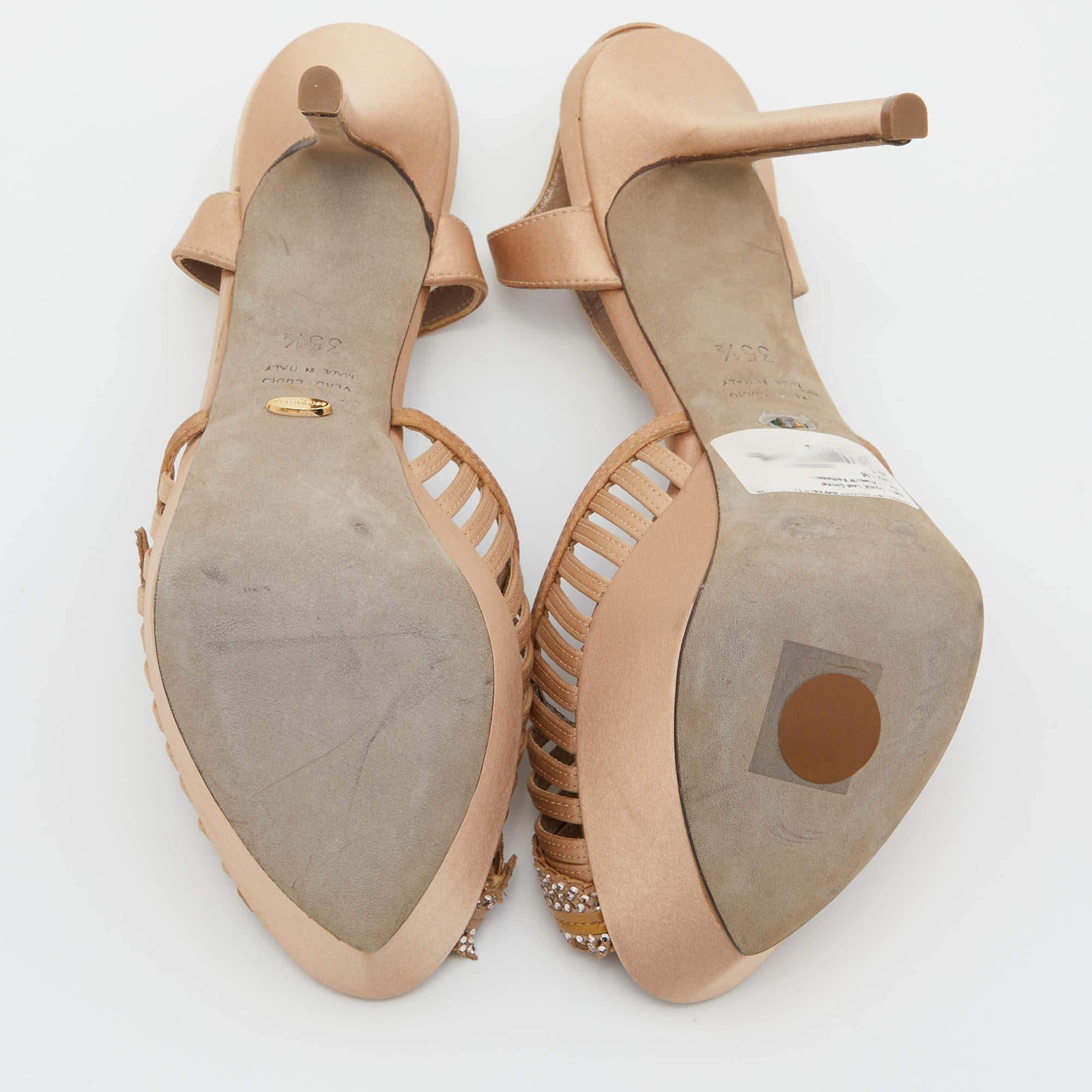 Sergio Rossi Light Brown Satin Crystal Embellished Ankle Strap Sandals Size 35.5 For Sale 1