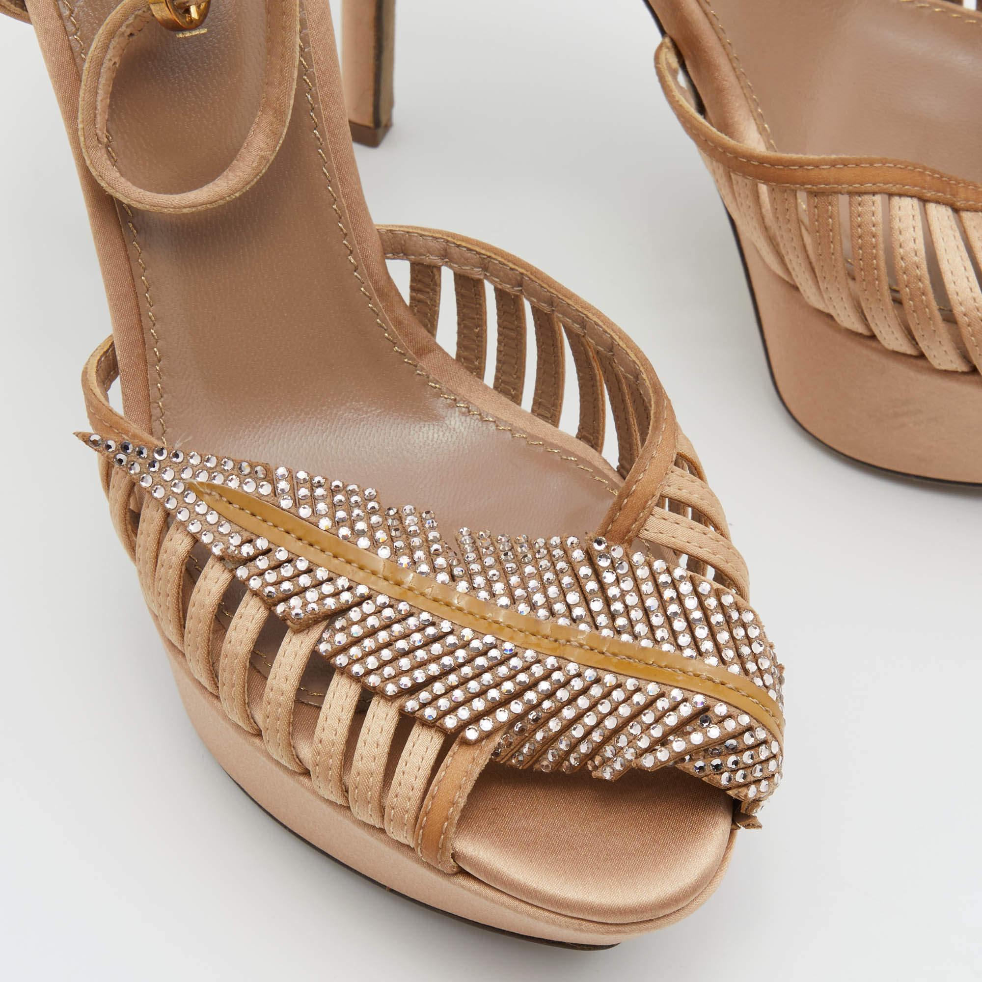 Sergio Rossi Light Brown Satin Crystal Embellished Ankle Strap Sandals Size 35.5 For Sale 2