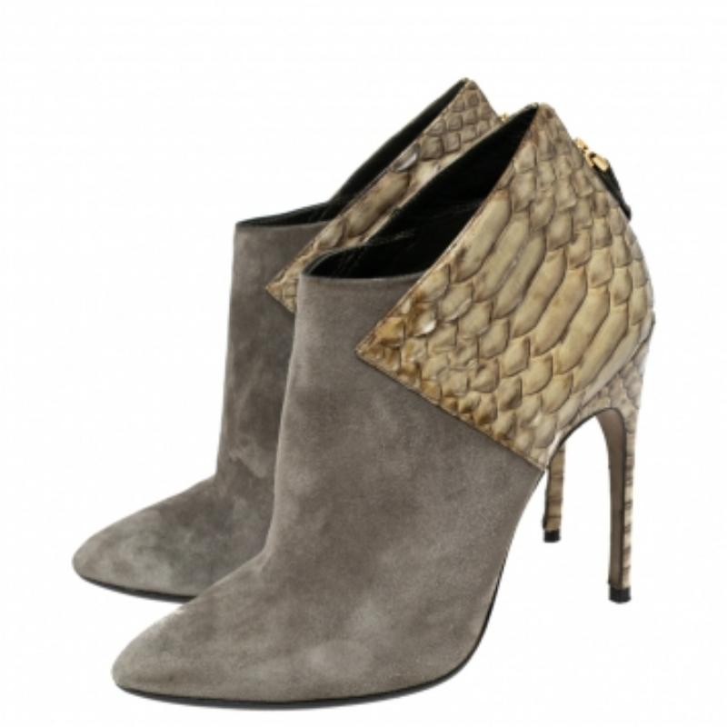 Brown Sergio Rossi Light Olive Green Suede and Python Leather Ankle Booties Size 39 For Sale