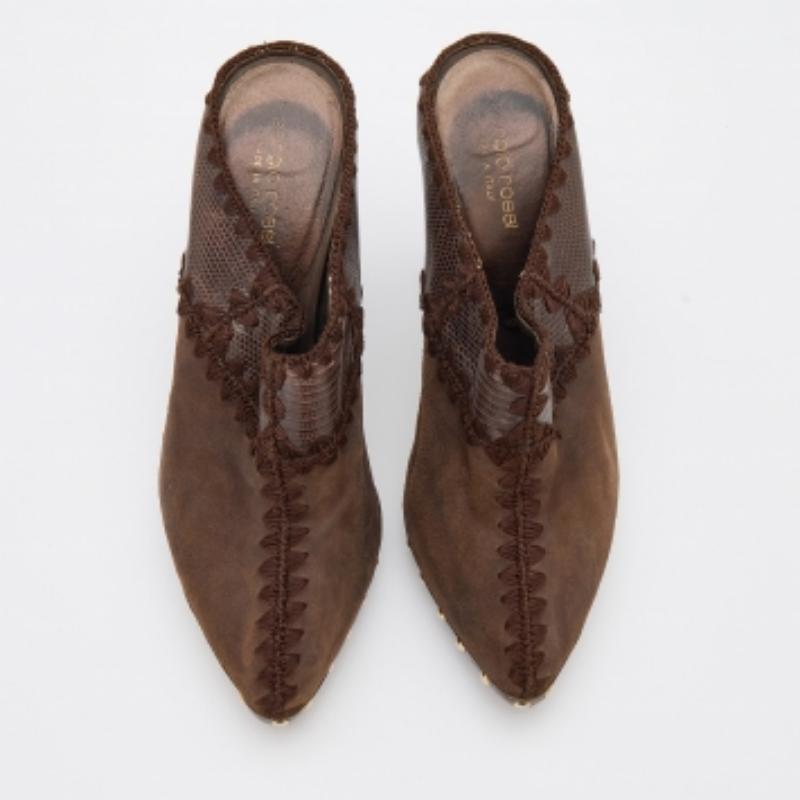Black Sergio Rossi Lizard Embossed Leather & Suede Studded Platform Mules Size 37.5 For Sale