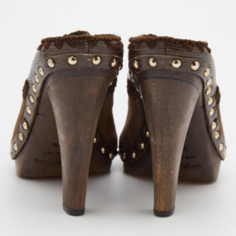 Sergio Rossi Lizard Embossed Leather & Suede Studded Platform Mules Size 37.5 For Sale 1