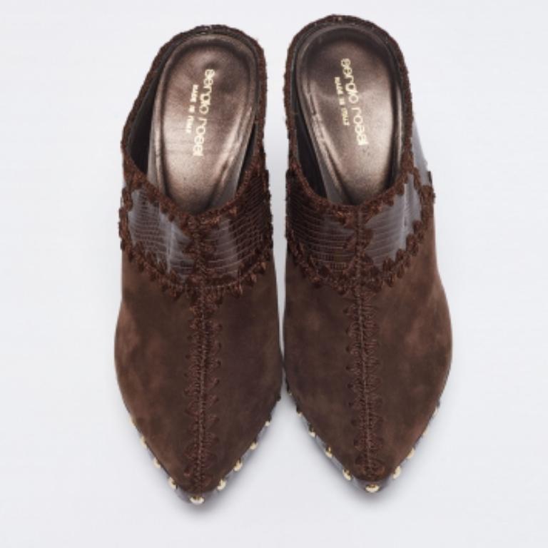 Women's Sergio Rossi Lizard Embossed Leather & Suede Studded Platform Mules Size 38 For Sale