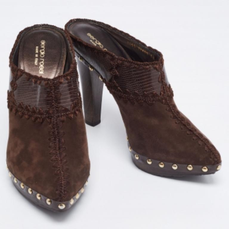 Sergio Rossi Lizard Embossed Leather & Suede Studded Platform Mules Size 38 For Sale 1