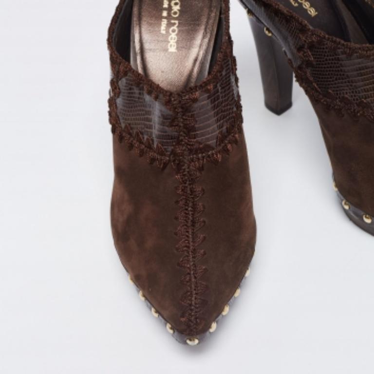 Sergio Rossi Lizard Embossed Leather & Suede Studded Platform Mules Size 38 For Sale 2