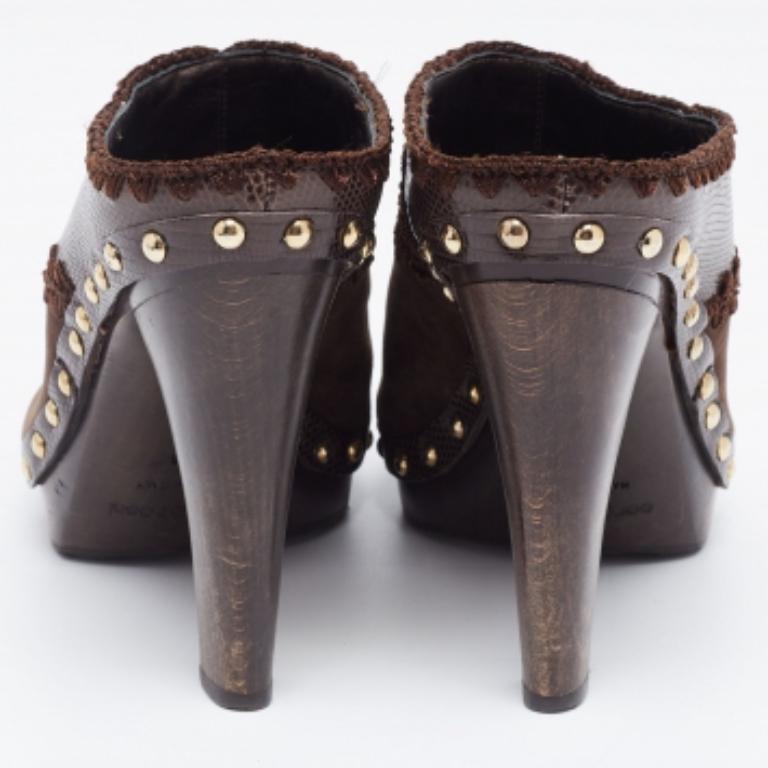 Sergio Rossi Lizard Embossed Leather & Suede Studded Platform Mules Size 38 For Sale 3