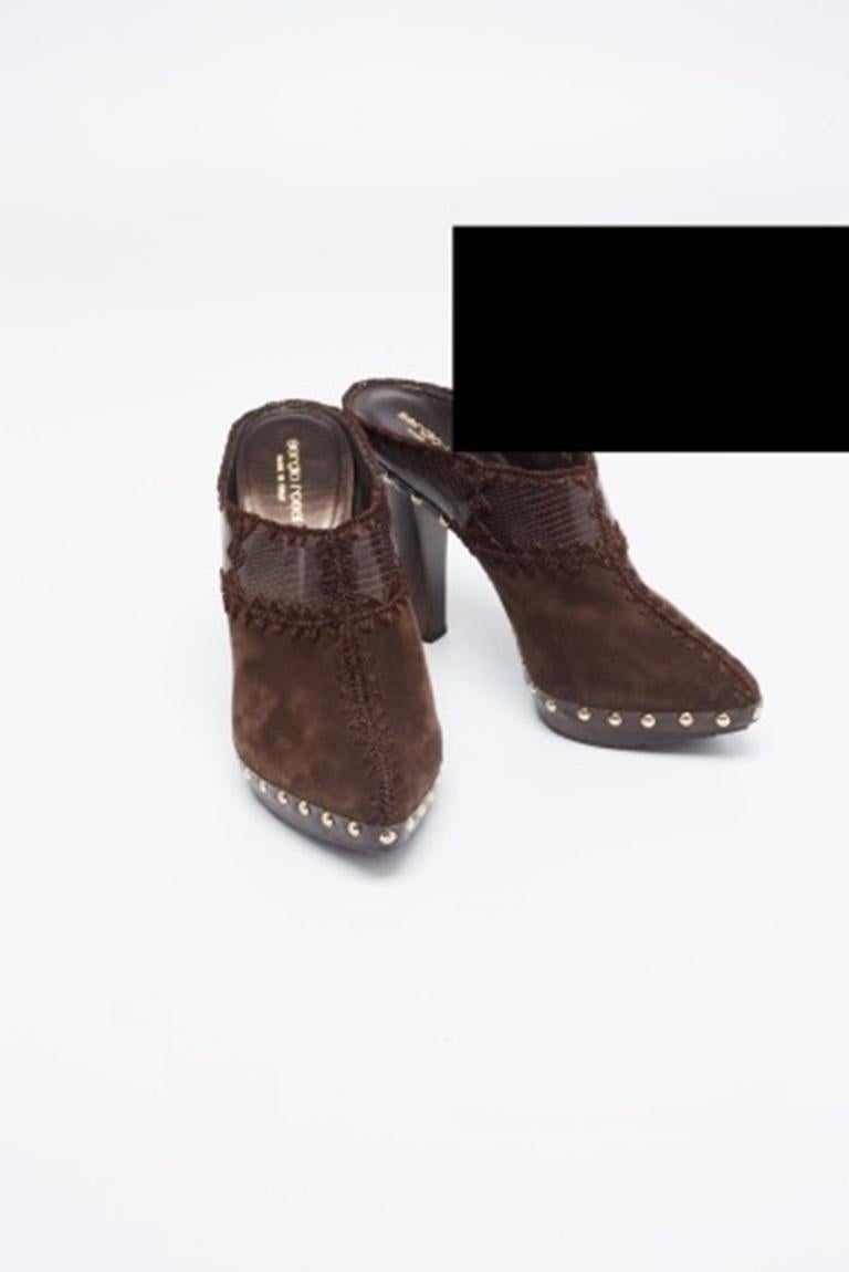 Sergio Rossi Lizard Embossed Leather & Suede Studded Platform Mules Size 38 For Sale 4