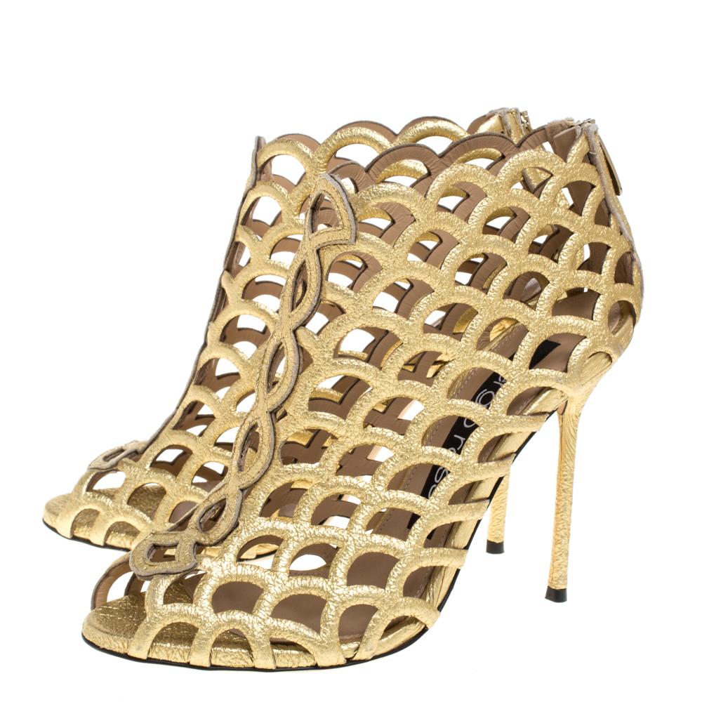 Sergio Rossi Metallic Gold Leather Scalloped Peep Toe Caged Booties Size 37 1