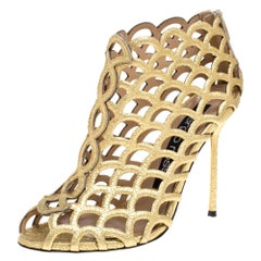 Sergio Rossi Metallic Gold Leather Scalloped Peep Toe Caged Booties Size 37