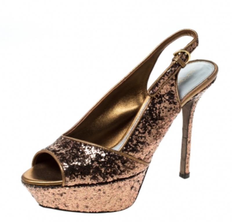 Sergio Rossi Metallic Gold Plateau Slingback Peep Toe Sandalen Größe 36 im Zustand „Gut“ im Angebot in Dubai, Al Qouz 2