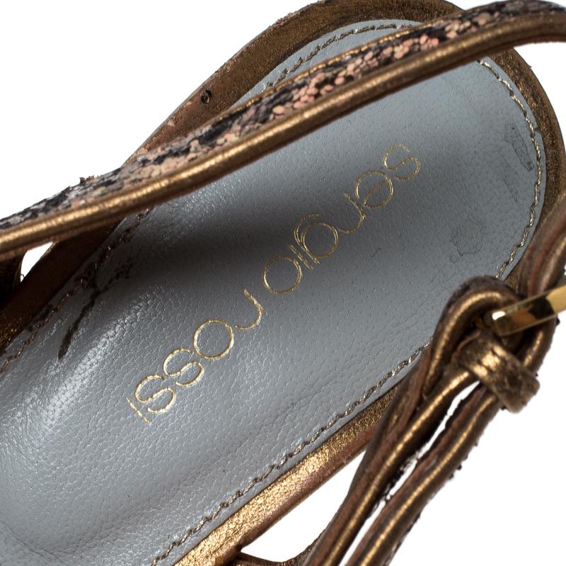Women's Sergio Rossi Metallic Gold Platform Slingback Peep Toe Sandals Size 36 For Sale