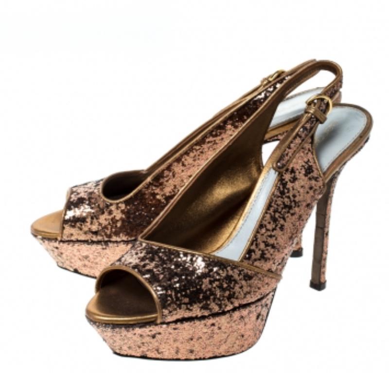 Sergio Rossi Metallic Gold Plateau Slingback Peep Toe Sandalen Größe 36 im Angebot 2