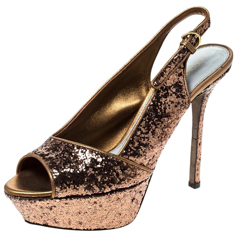 Sergio Rossi Metallic Gold Platform Slingback Peep Toe Sandals Size 36 For Sale