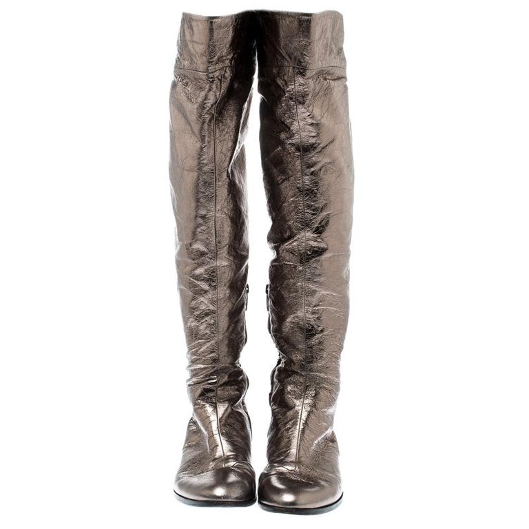 Sergio Rossi Metallic Grey Leather Knee Length Boots Size 39 at 1stDibs