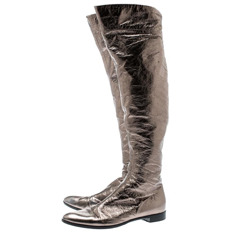 Sergio Rossi Metallic Grey Leather Knee Length Boots Size 39 For Sale 1