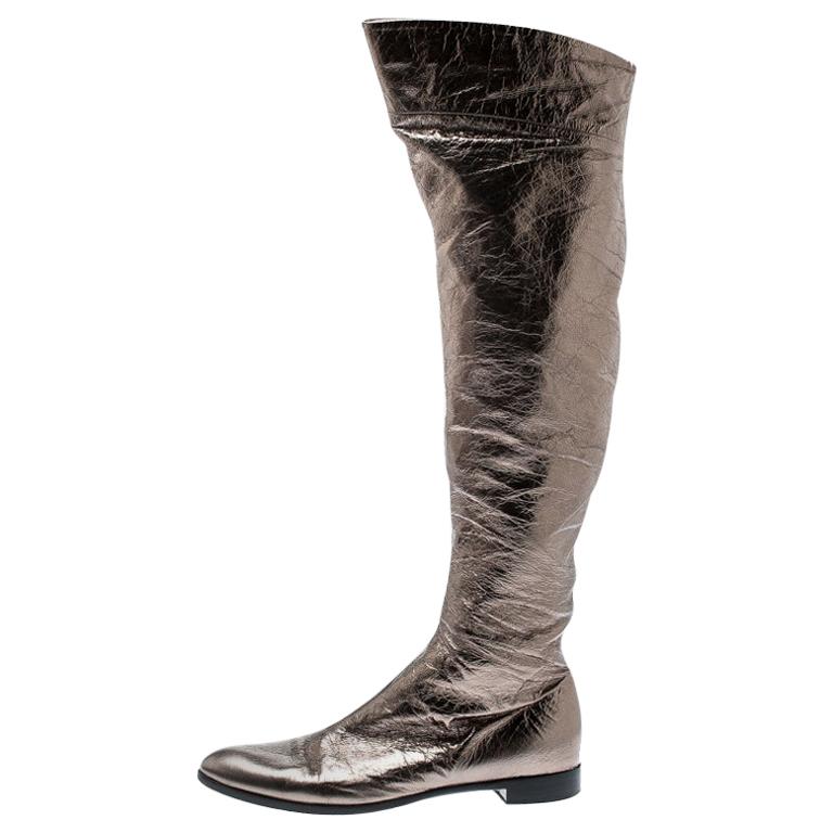 Sergio Rossi Metallic Grey Leather Knee Length Boots Size 39 For Sale
