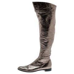 Sergio Rossi Metallic Grey Leather Knee Length Boots Size 39