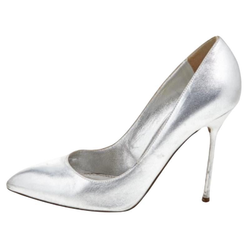 Sergio Rossi Metallic Silver Leather Almond Toe Pumps Size 37.5