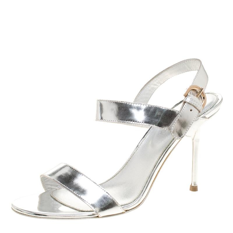 Sergio Rossi Metallic Silver Leather Ankle Strap Sandals Size 37