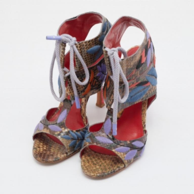 Brown Sergio Rossi Multicolor Embroidered Python Ankle Tie Up Sandals Size 40 For Sale