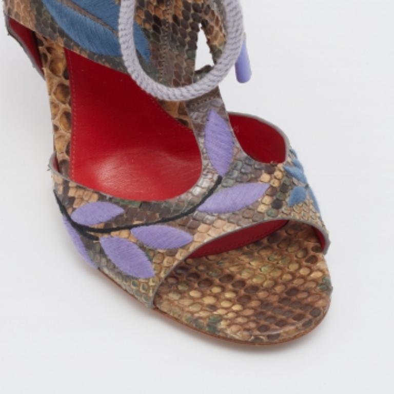 Sergio Rossi Multicolor Embroidered Python Ankle Tie Up Sandals Size 40 In Good Condition For Sale In Dubai, Al Qouz 2