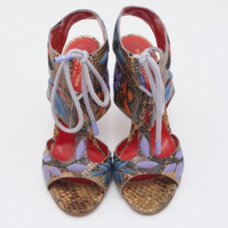 Sergio Rossi Multicolor Embroidered Python Ankle Tie Up Sandals Size 40 For Sale 4