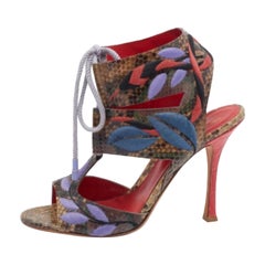 Sergio Rossi Multicolor Embroidered Python Ankle Tie Up Sandals Size 40