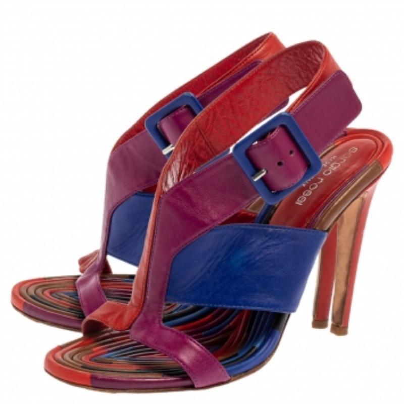 Black Sergio Rossi Multicolor Leather Buckle Slingback Sandals Size 37.5 For Sale