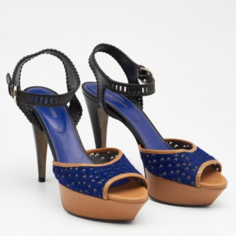 Sergio Rossi Multicolor Leder & Ponyhaar Plateau Knöchelriemen Sandalen Größe 40 im Zustand „Gut“ in Dubai, Al Qouz 2