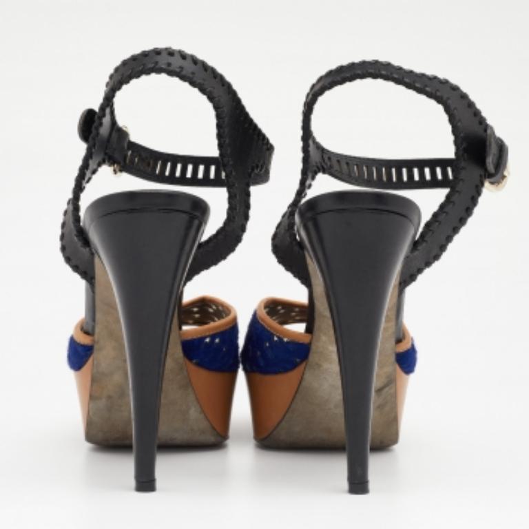 Sergio Rossi Multicolor Leder & Ponyhaar Plateau Knöchelriemen Sandalen Größe 40 Damen