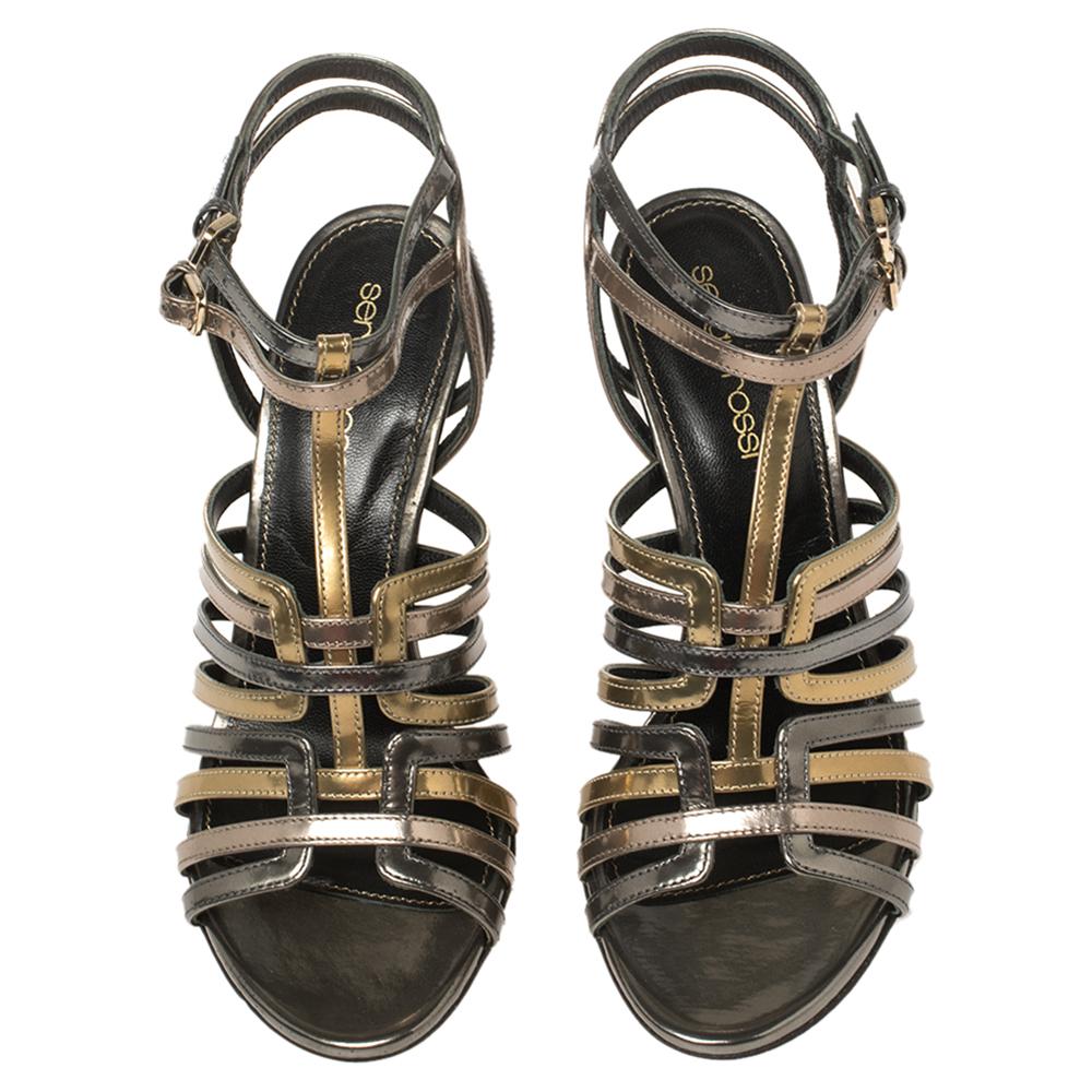 Black Sergio Rossi Multicolor Patent Leather Strappy Cage Sandals Size 35