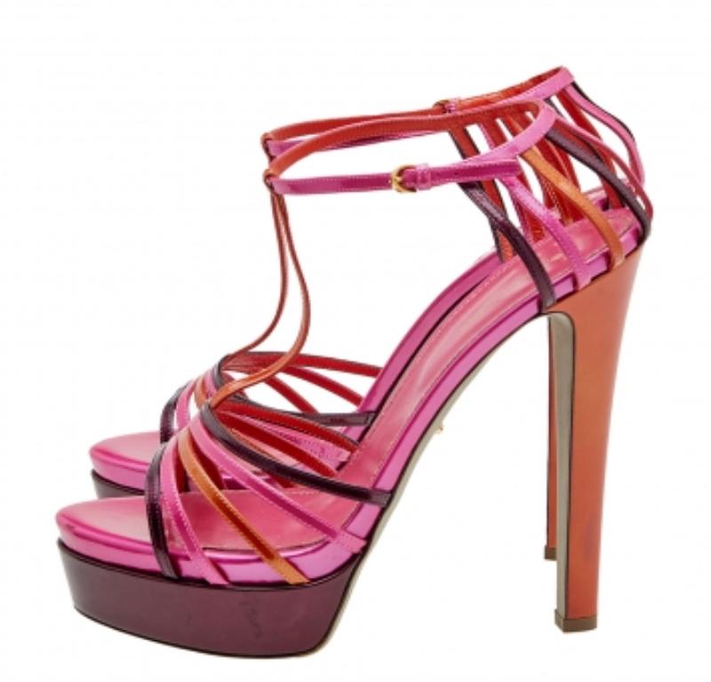 Pink Sergio Rossi Multicolor Patent Leather T-Strap Platform Sandals Size 40 For Sale