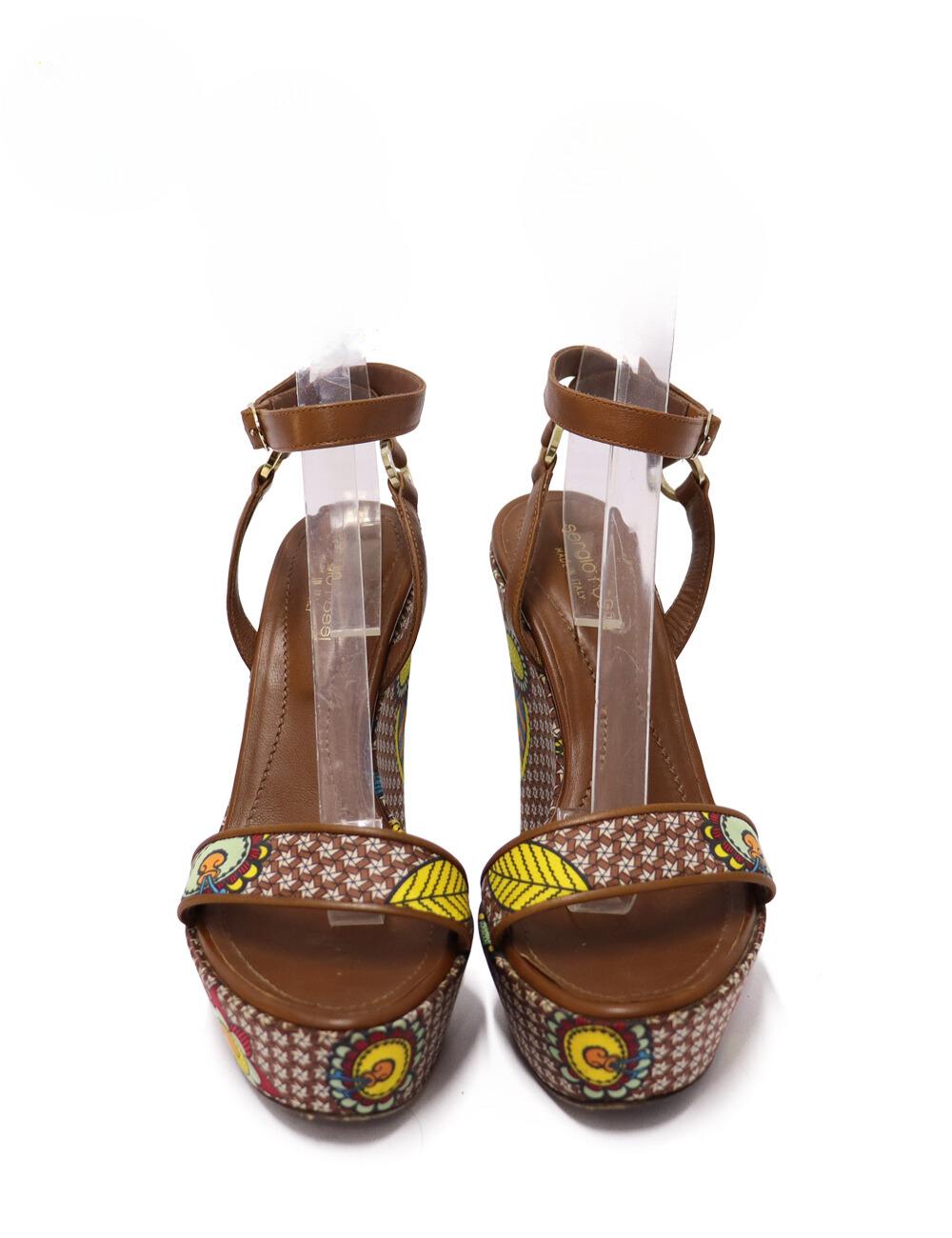 Brown Sergio Rossi Multicolor Printed Leather Ankle-Wrap Sandals Size EU 37 For Sale
