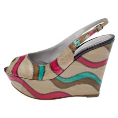 Sergio Rossi Multicolor Stitch Leather Platform Slingback Wedge Sandals Size 39