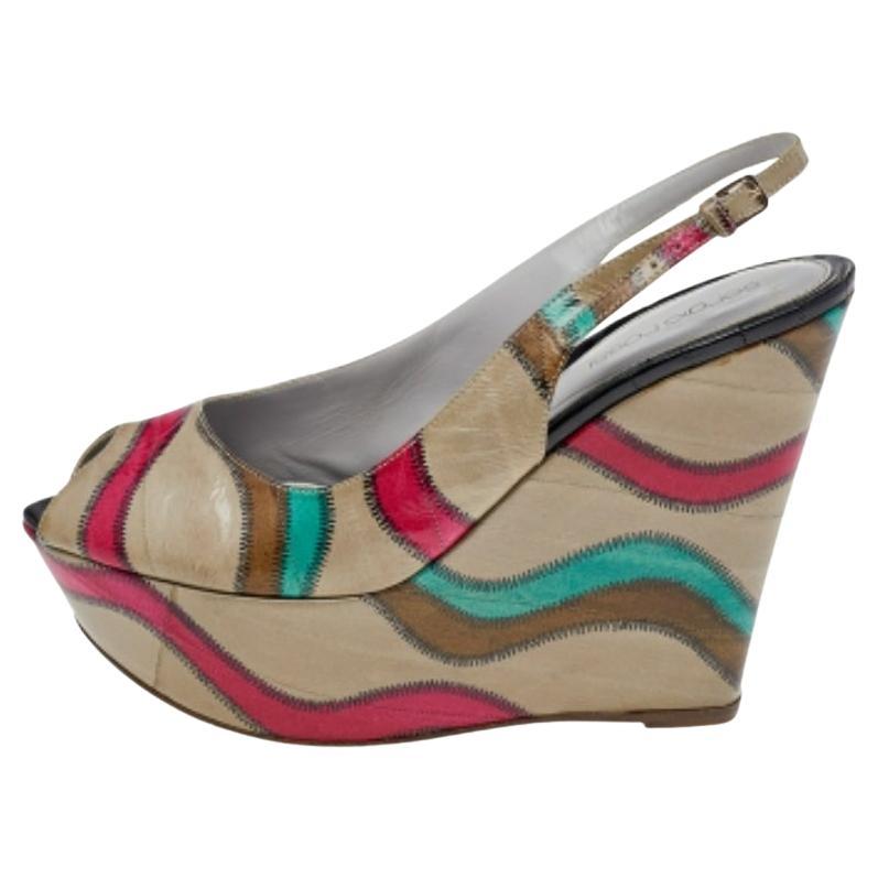 Sergio Rossi Multicolor Stitch Leder Plateau-Sandalen mit Slingback-Keil und Keil Größe 39