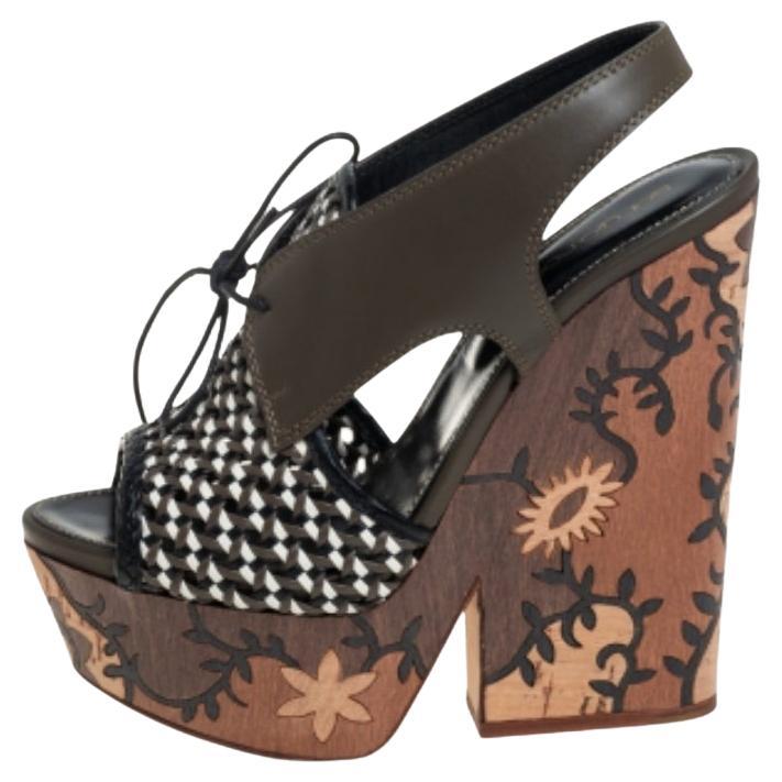 Sergio Rossi Multicolor Woven Leather and Leather Wedge Lace Up Sandals Size 37 For Sale