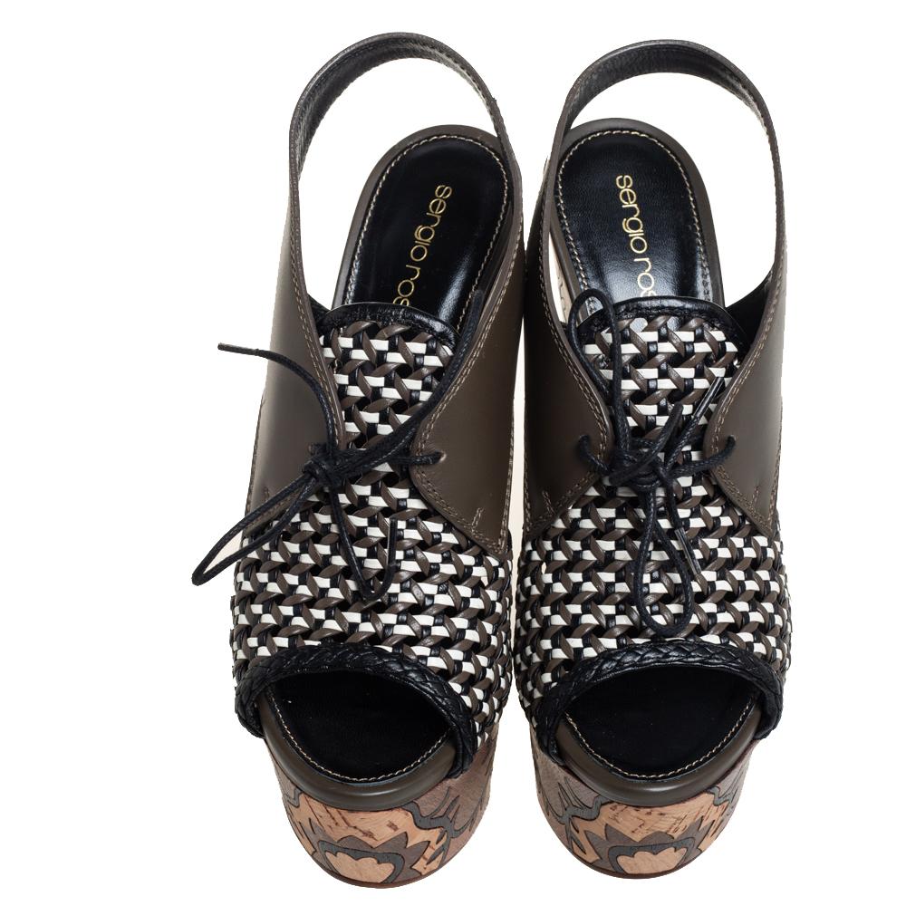 Sergio Rossi Multicolor Woven Leather Wedge Lace Up Sandals Size 37 In Excellent Condition In Dubai, Al Qouz 2