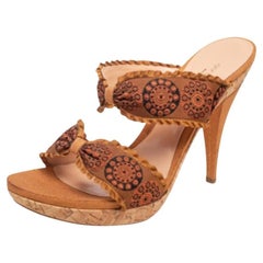 Sergio Rossi Moutarde Tissu brodé Double Bow Strap Slide Sandals Size 41