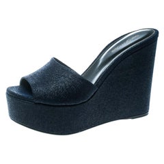 Sergio Rossi Navy Blue Embossed Suede Lakeesha Peep Toe Wedge Sandals Size 39