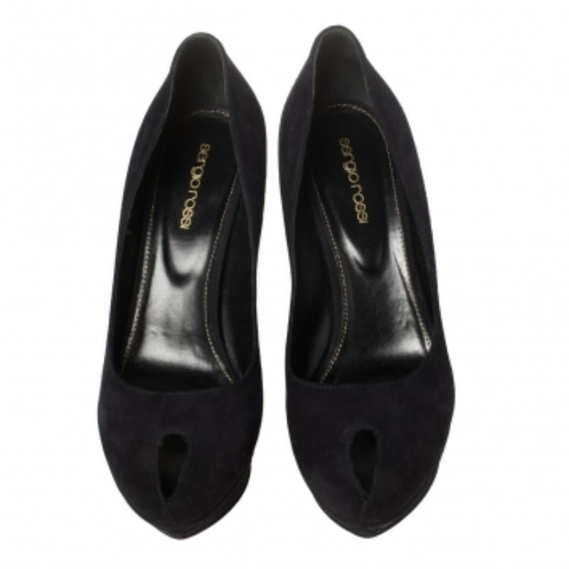Sergio Rossi Navy Blue Suede Peep Toe Platform Pumps Size 38.5 In Good Condition For Sale In Dubai, Al Qouz 2