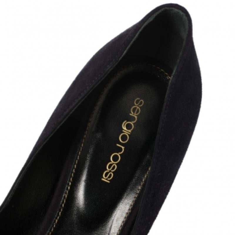 Women's Sergio Rossi Navy Blue Suede Peep Toe Platform Pumps Size 38.5 For Sale