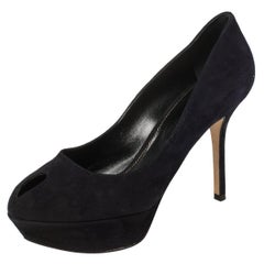 Sergio Rossi Navy Blue Suede Peep Toe Platform Pumps Size 38.5