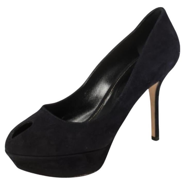 Sergio Rossi Navy Blue Suede Peep Toe Platform Pumps Size 38.5 For Sale