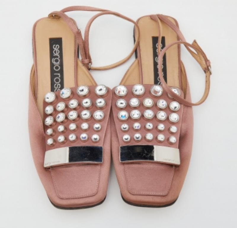 Brown Sergio Rossi Old Rose Satin Crystal Embellished Ankle Strap Flats Size 36 For Sale