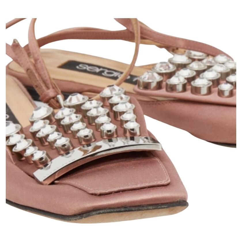 Women's Sergio Rossi Old Rose Satin Crystal Embellished Ankle Strap Flats Size 36 For Sale