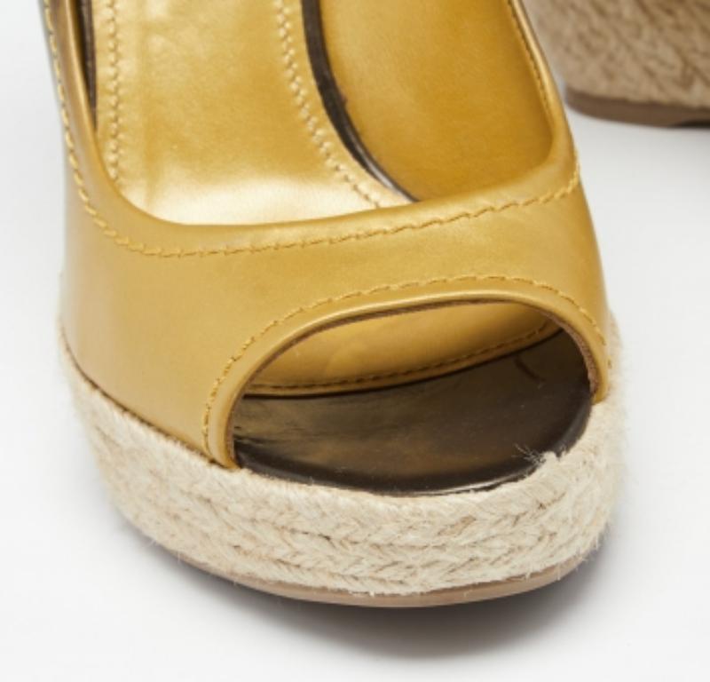 Women's Sergio Rossi Ombre Gold Leather and Jute Ankle Wrap Wedge Pumps Size 39.5 For Sale